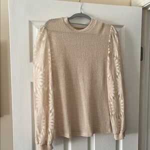 Beige Waffle Knit Top with Lace Sleeves